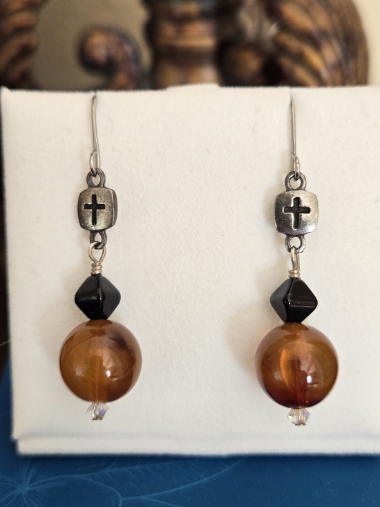 Jewelry - Women’s Cross Accent Dangle Earrings - Black, Amber & White Beads